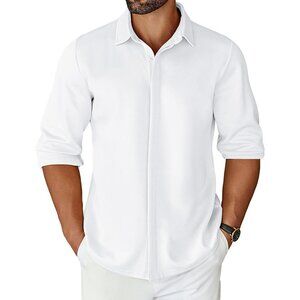 Mens White Long Sleeve Wrinkle Free Shirt Casual Button Down Shirt Dress